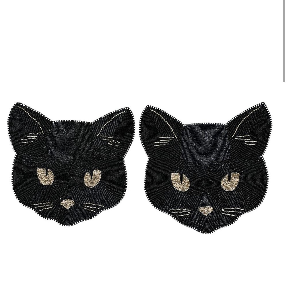 2pc BLACK CAT Beaded Placemat 14" Spooky Halloween Decor CHRISTIAN LACROIX New